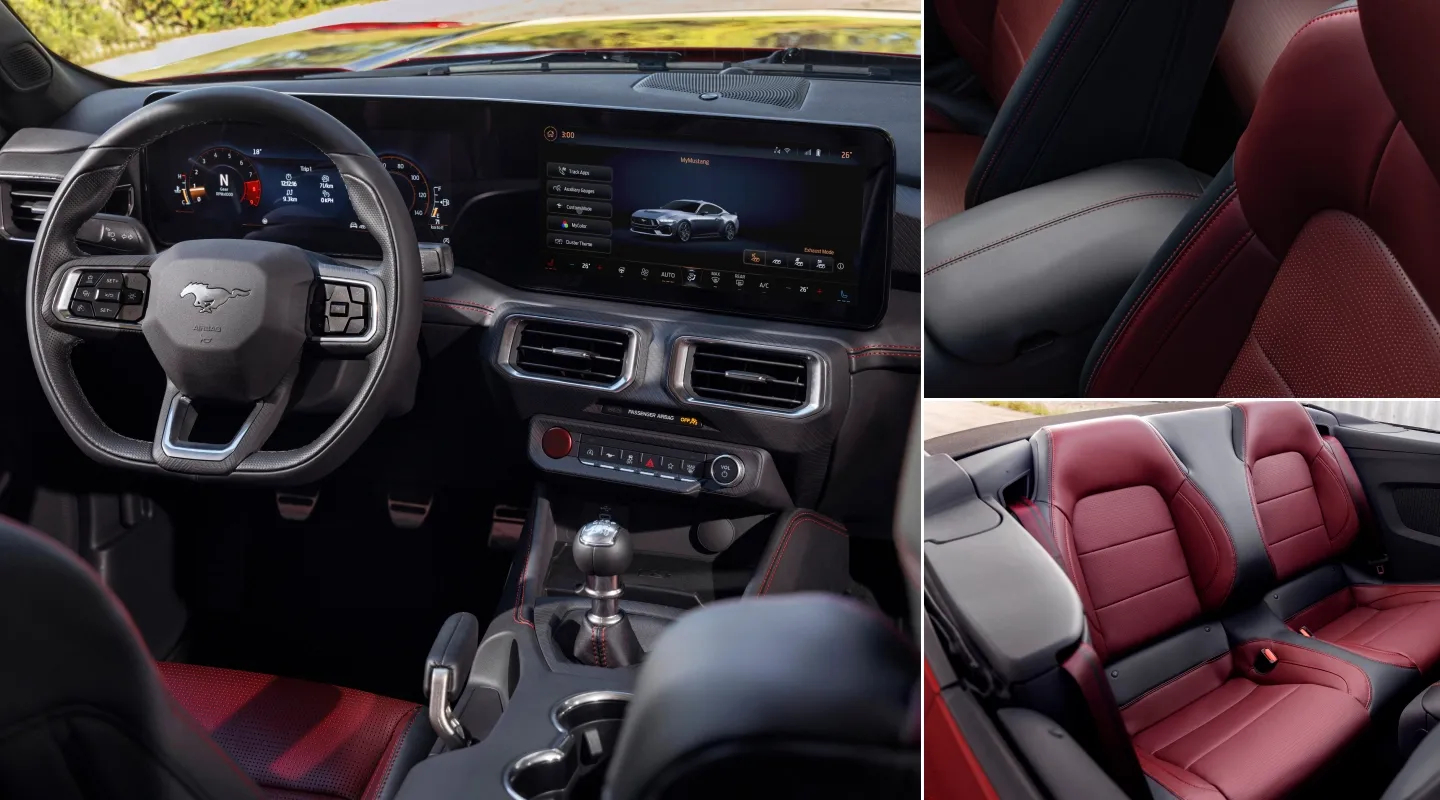 Three images: one of the Mustang's digital dashboard and infotainment system, and the other showcasing the red and black leather seats.
